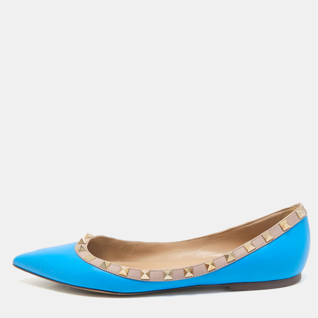 luxury-women-valentino-used-shoes-p1152724-009 Valentino Blue/Beige Leather Rockstud Ballet Flats Size 39