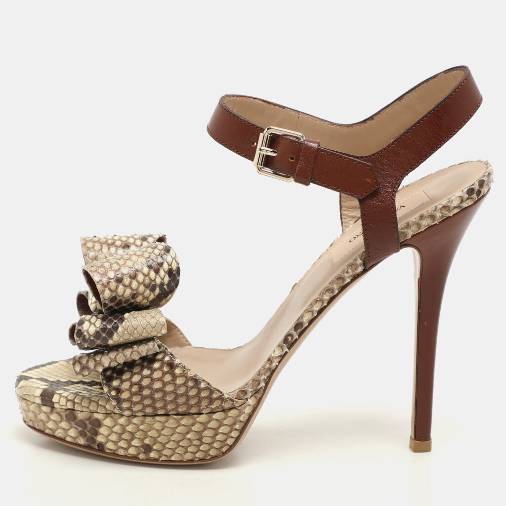 luxury-women-valentino-used-shoes-p1153437-007 Valentino Beige Leather and Python Leather Bow Ankle Strap Sandals Size 37