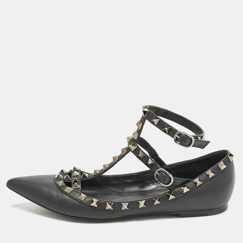 luxury-women-valentino-used-shoes-p1154243-001 Valentino Black Leather Rockstud Ballet Flats Size 36