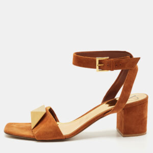 Valentino Brown Suede Roman Stud Ankle Strap Block Heel Sandals Size 40.5