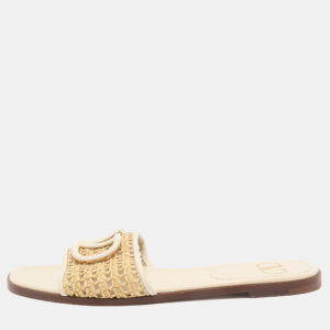 Valentino Cream/Beige Raffia and Leather VLogo Slide Sandals Size 38