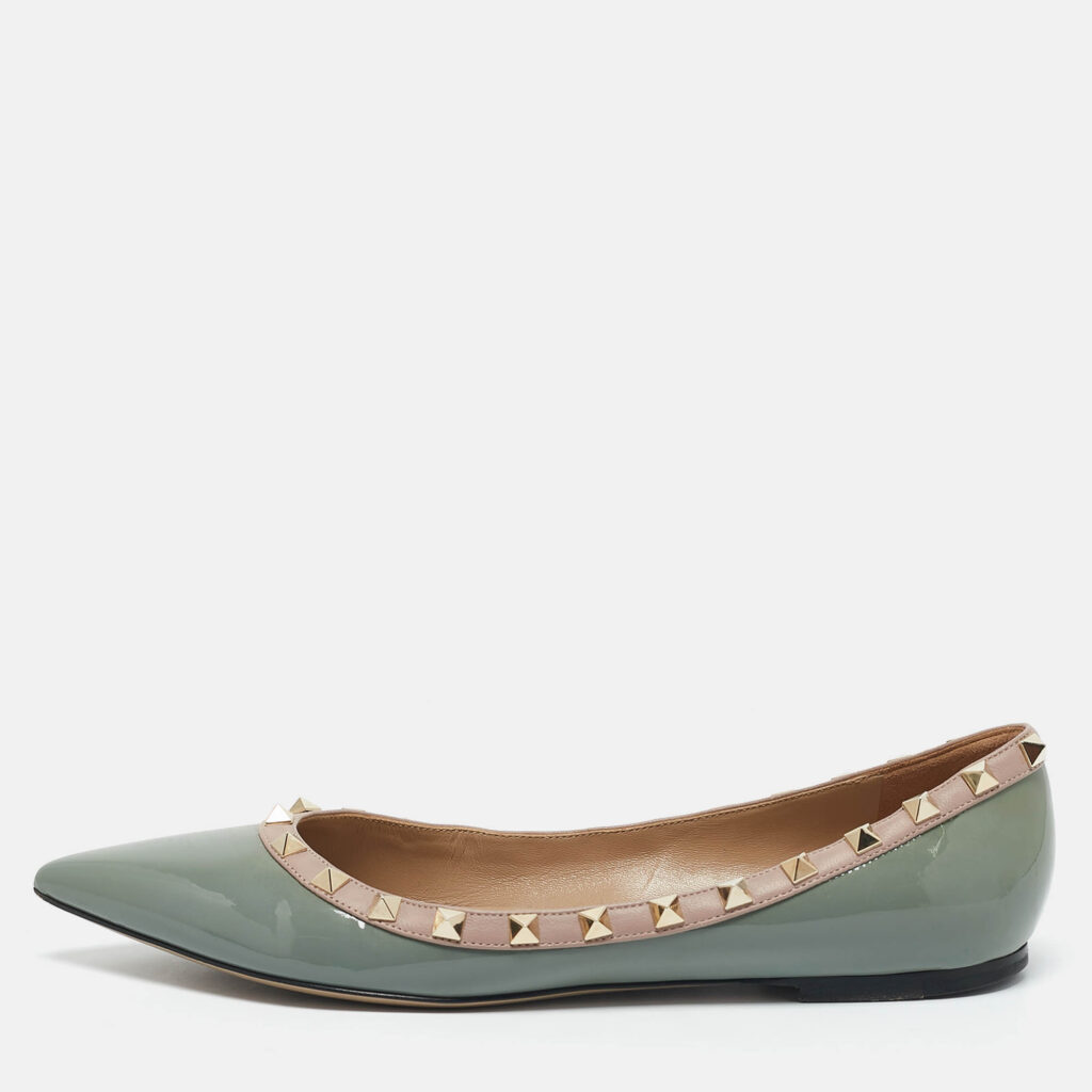 luxury-women-valentino-used-shoes-p1155627-010 Valentino Slate Blue/Beige Patent Leather Rockstud Pointed Toe Ballet Flats Size 40