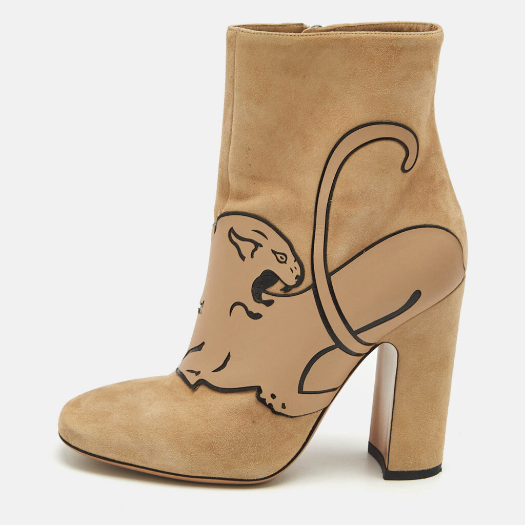 luxury-women-valentino-used-shoes-p1156515-011 Valentino Beige Suede Panther Ankle Length Ankle Boots Size 37
