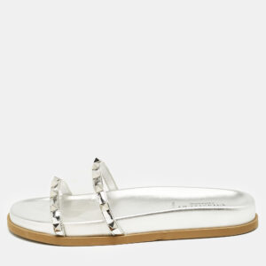 Valentino Silver Leather And PVC Rockstud Flat Slides Size 37