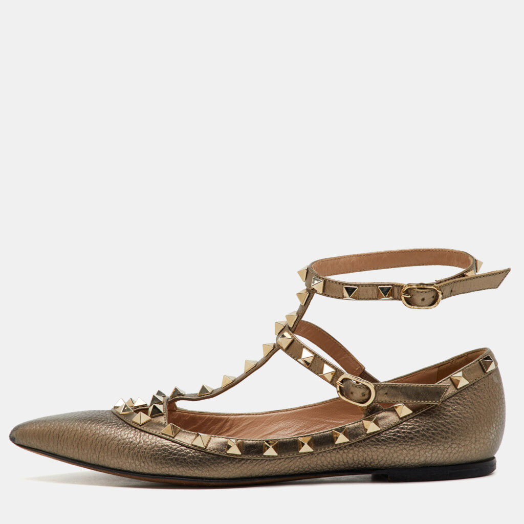 luxury-women-valentino-used-shoes-p1157947-001 Valentino Metallic Leather Rockstud Ankle Strap Ballet Flats Size 38