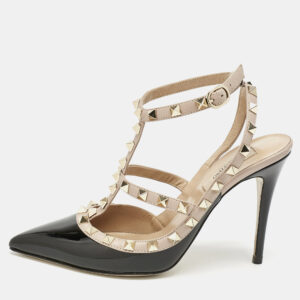 valentino black/beige patent leather rockstud caged ankle strap pumps size 38