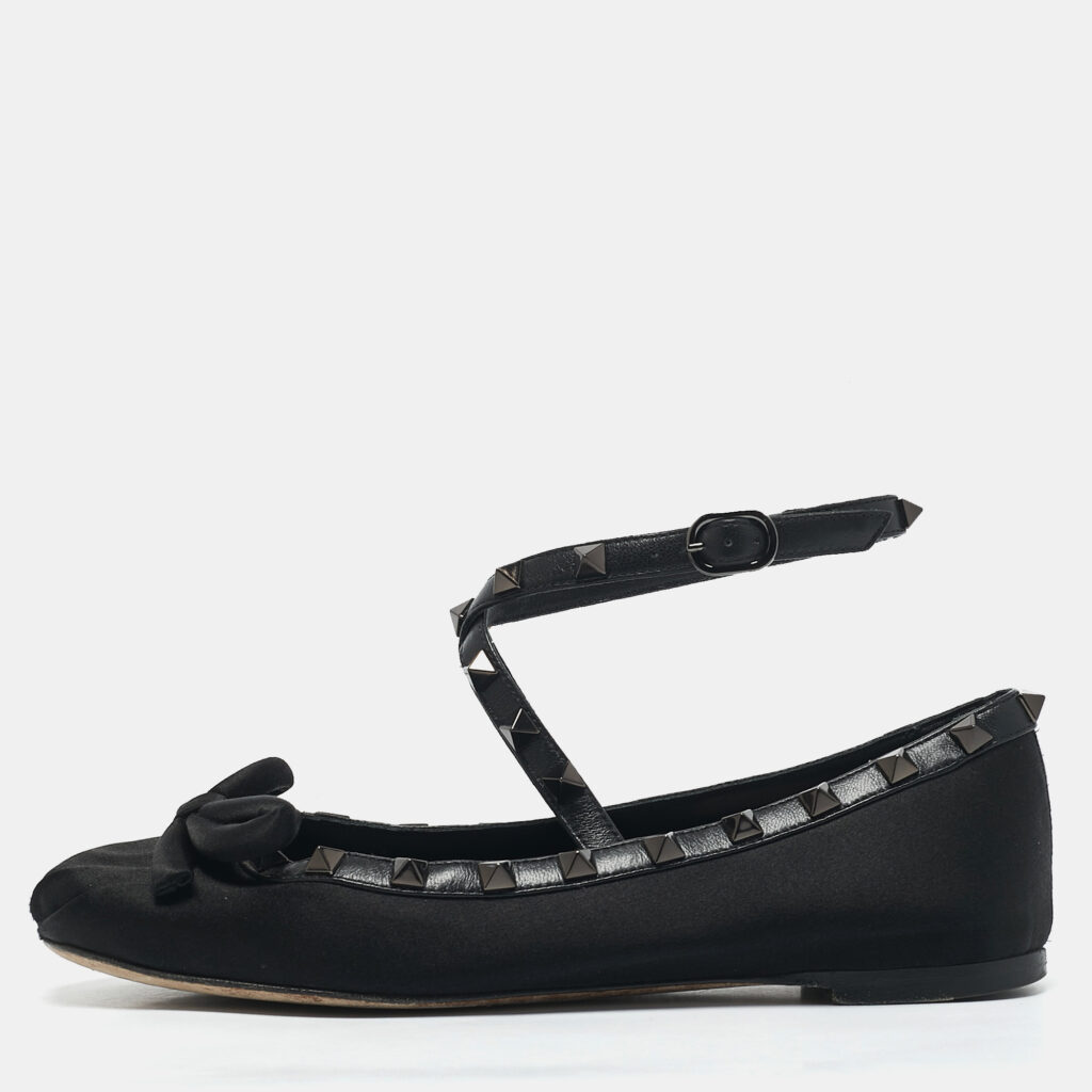 luxury-women-valentino-used-shoes-p1158357-004 Valentino Black Satin Bow Rockstud Ankle Strap Ballet Flats Size 36