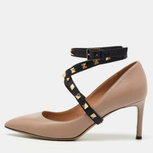 valentino beige/black leather rockstud ankle wrap pointed toe pumps size 36.5