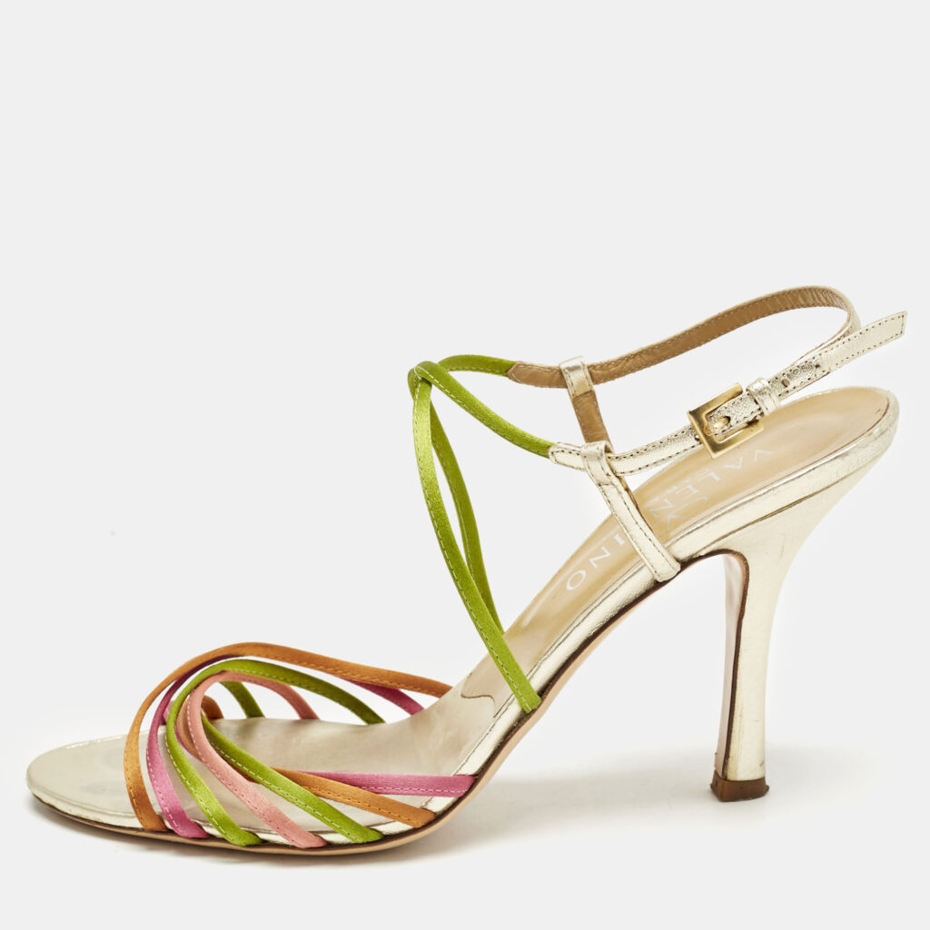 luxury-women-valentino-used-shoes-p1159656-010 Valentino Multicolor Leather and Satin Strappy Ankle Strap Sandals Size 38.5