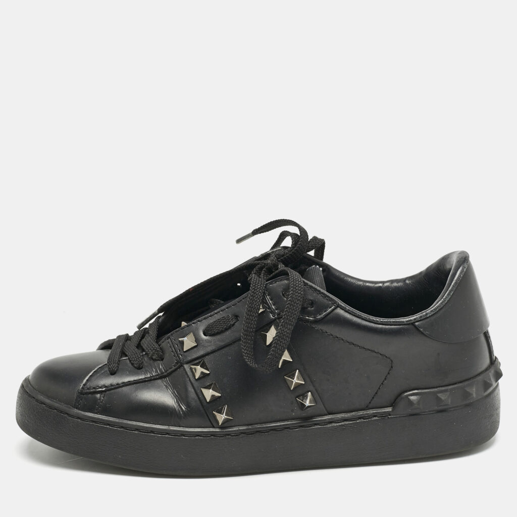 Valentino Black Leather Rockstud Low Top Sneakers Size 36