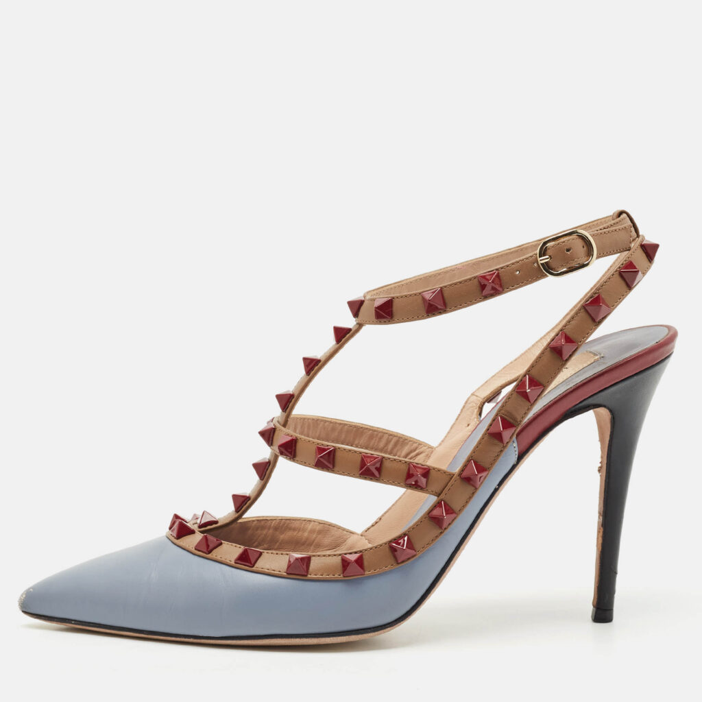 luxury-women-valentino-used-shoes-p1160026-010 Valentino Light Blue Leather Rockstud Cage Pumps Size 40.5