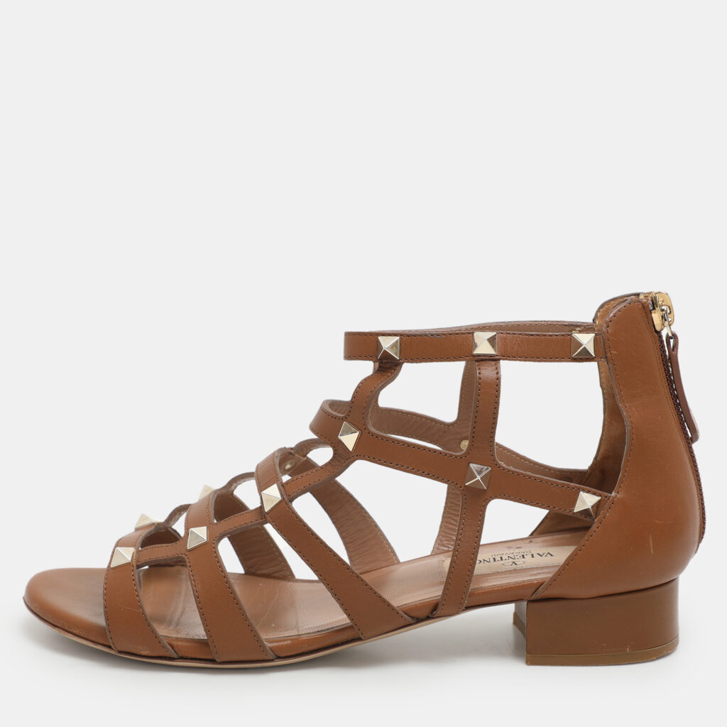 luxury-women-valentino-used-shoes-p1160949-001 Valentino Brown Leather Rockstud Gladiator Flat Sandals Size 36