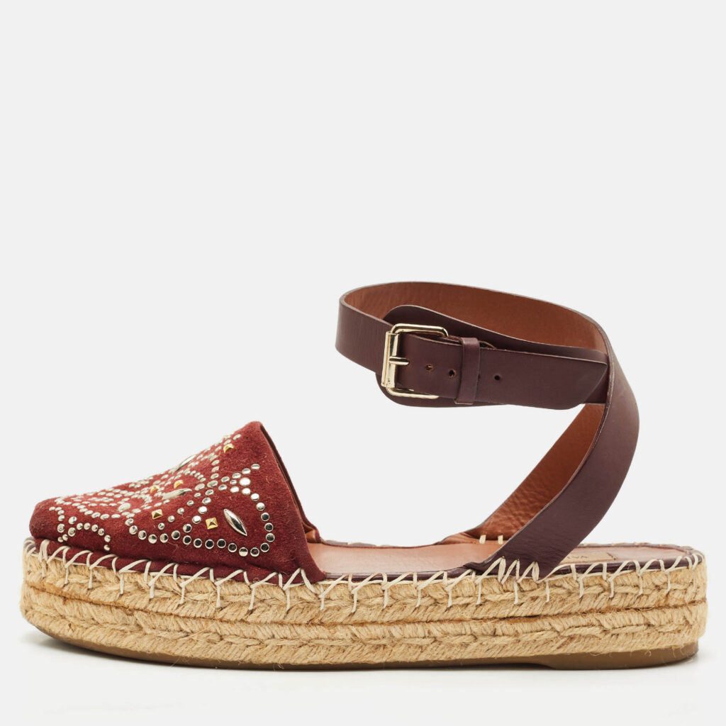 luxury-women-valentino-used-shoes-p1161401-010 Valentino Burgundy Embellished Suede and Leather Ankle Strap Espadrille Flats Size 39