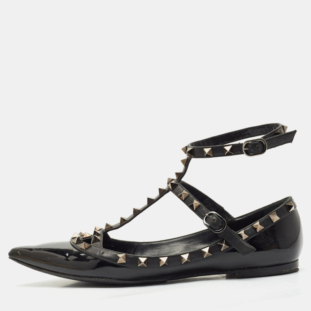 luxury-women-valentino-used-shoes-p1161517-009 Valentino Black Leather and Patent Rockstud Cage Ballet Flats Size 38.5