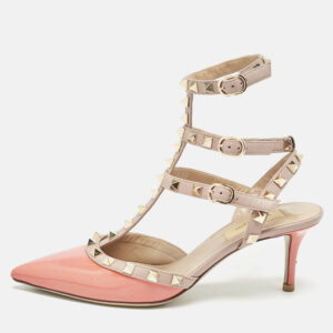 Valentino Orange/Beige Patent Leather Rockstud Caged Ankle Strap Pumps Size 37