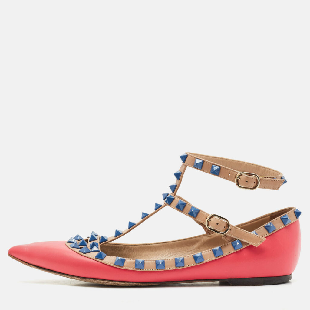 luxury-women-valentino-used-shoes-p1162163-010.jpg Valentino Pink/Beige Leather Rockstud Ankle Strap Ballet Flats Size 37