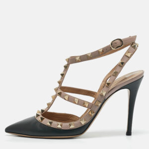 Valentino Black/Old Rose Leather Rockstud Ankle Strap Pumps Size 37