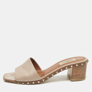 Valentino Beige Leather Rockstud Slide Sandals Size 37.5