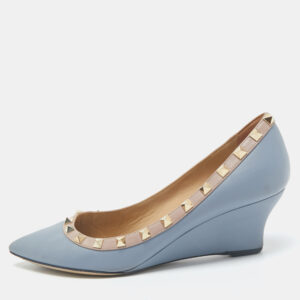 Valentino Blue  Leather Rockstud Pointed Toe Wedge Pumps Size 37.5