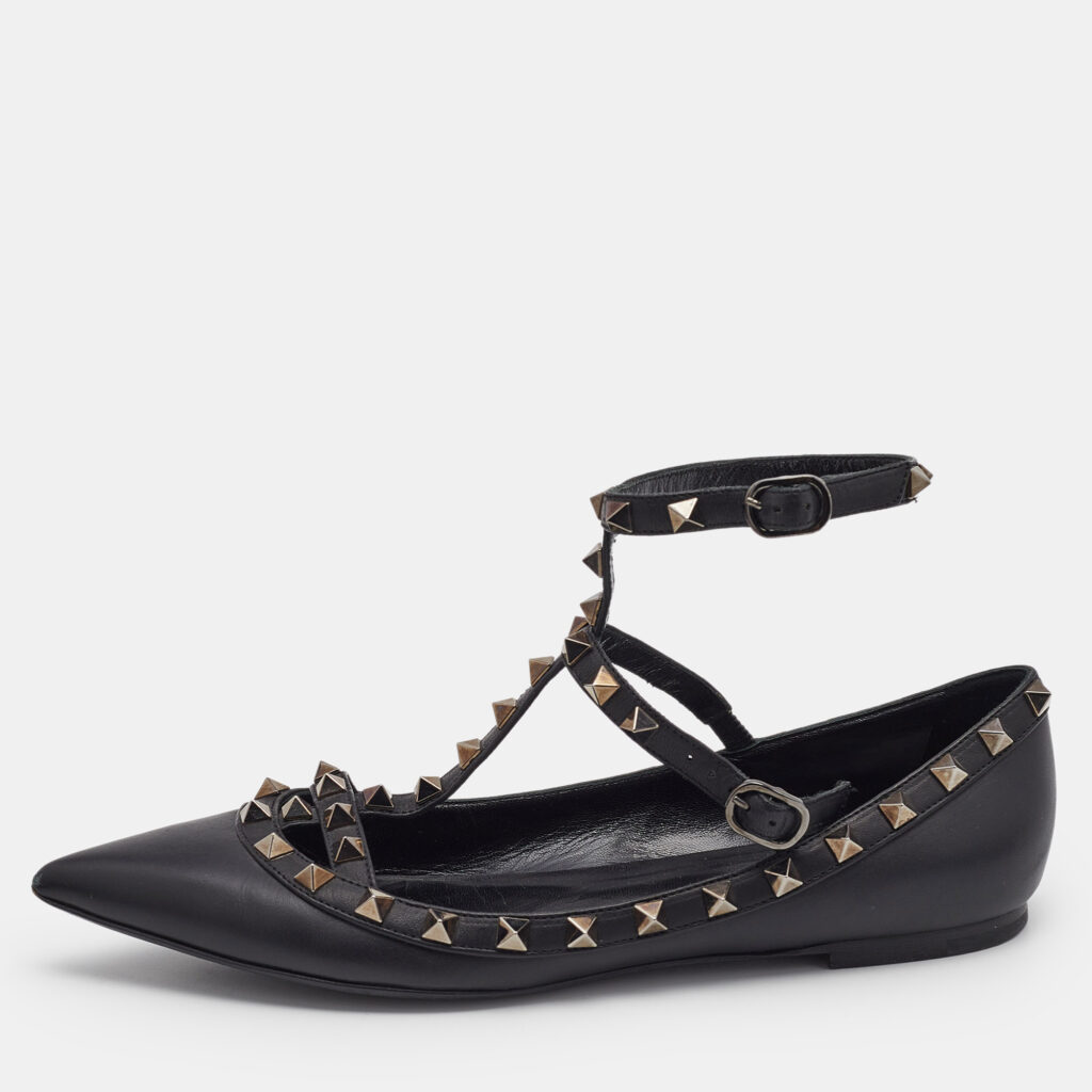 luxury-women-valentino-used-shoes-p1164583-001 Valentino Black Leather Rockstud Cage Ballet Flats Size 38