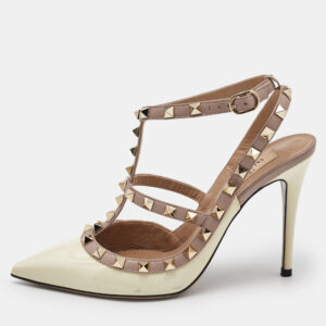 Valentino Off White/Beige Patent and Leather Rockstud Caged Pumps Size 38.5