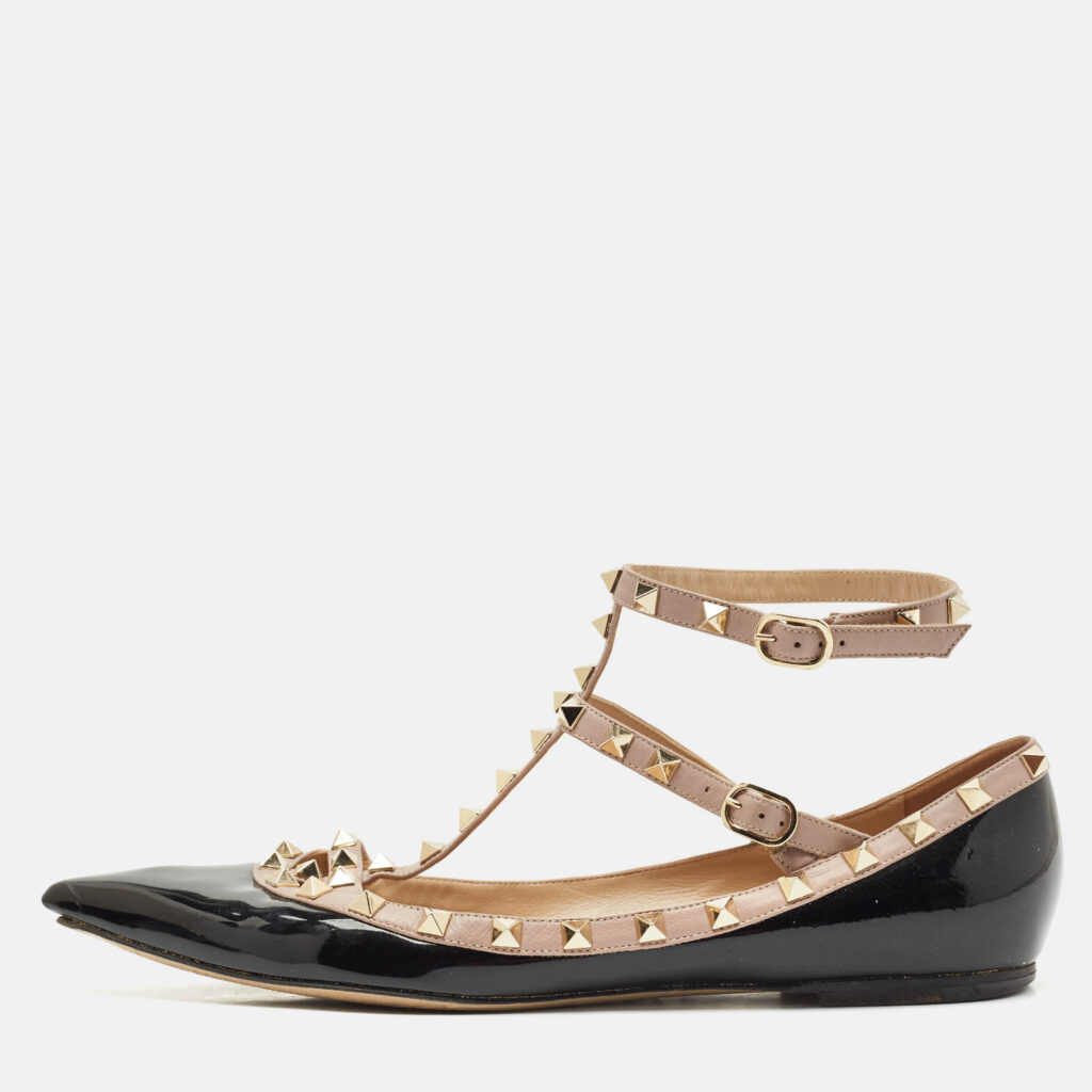 luxury-women-valentino-used-shoes-p1166635-010 Valentino Black/Beige Patent Leather Rockstud Caged Ballet Flats Size 41.5