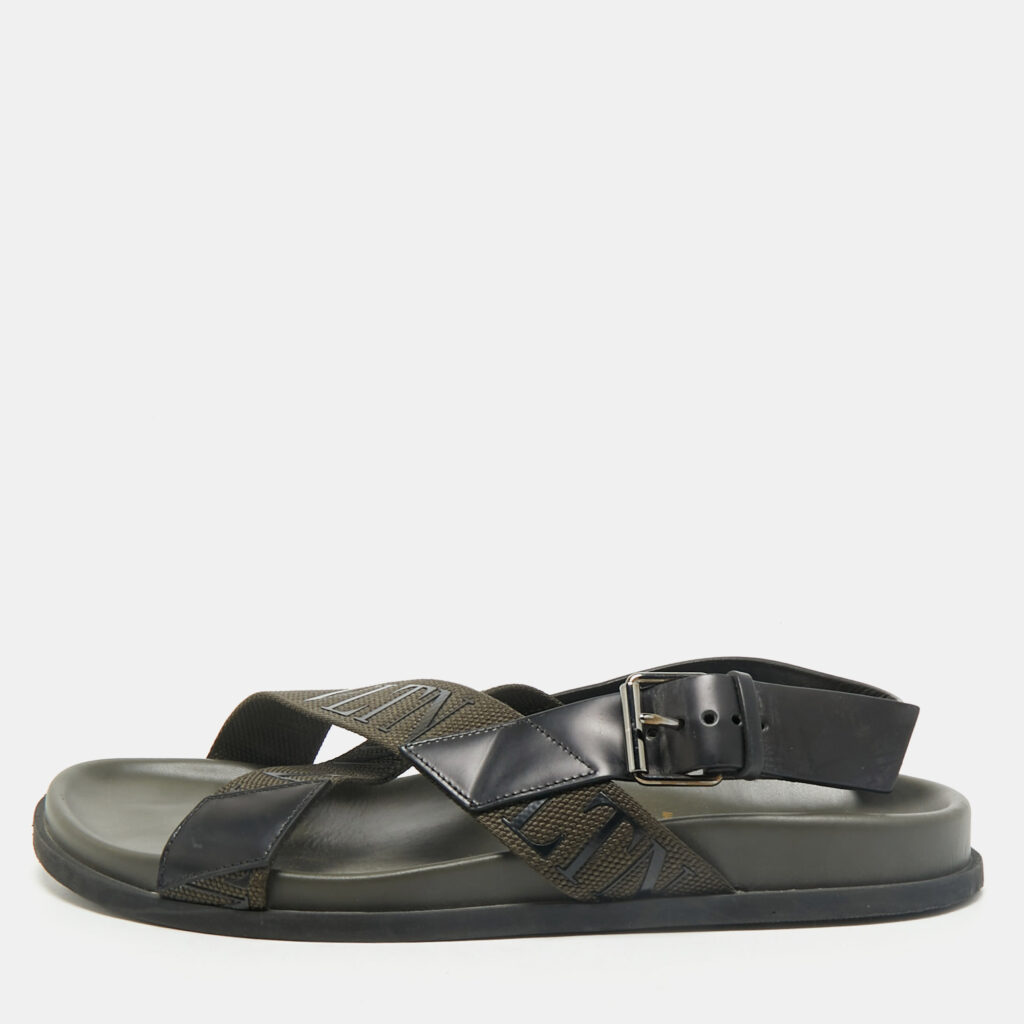 luxury-women-valentino-used-shoes-p1167134-002 Valentino Black/Green Fabric and Leather VLTN Print Cross Strap Sandals Size 39
