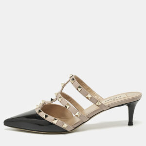 Valentino Black/Dusty Pink Patent and Leather Rockstud Mules Size 37