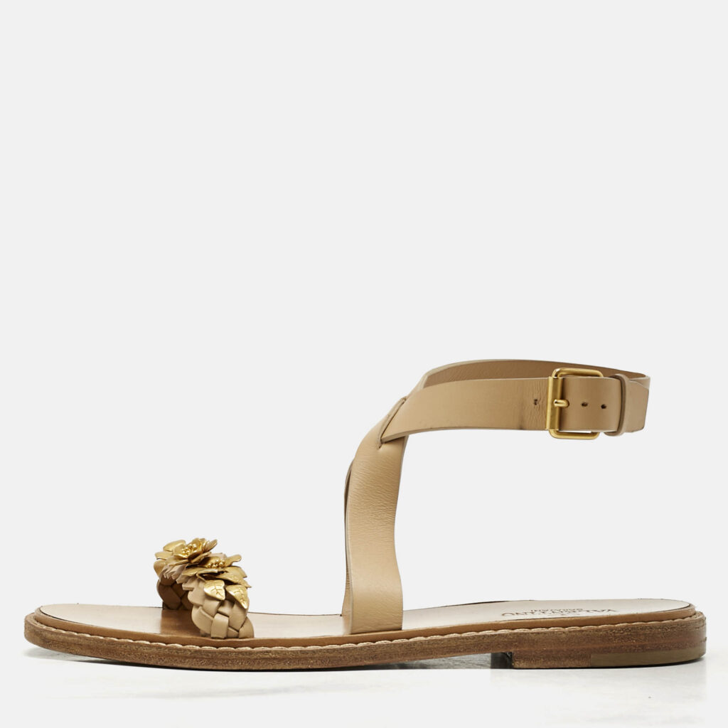 luxury-women-valentino-used-shoes-p1169350-010 Valentino Beige Leather Metal Floral Embellished Flat Sandals Size 39