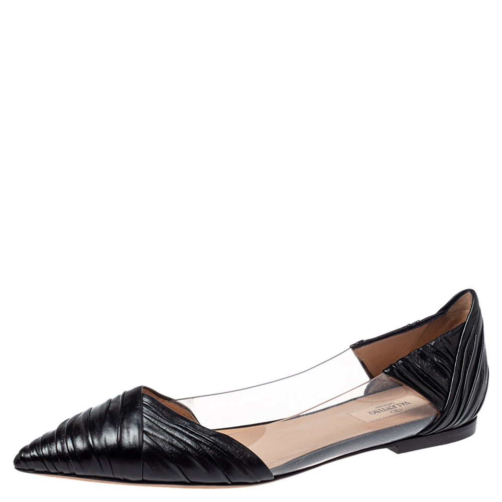 luxury-women-valentino-used-shoes-p368380-005 Valentino Black Leather and PVC B Drape Pointed Toe Ballet Flats Size 40.5