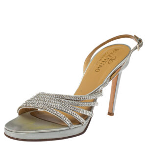Valentino Light Grey Satin Crystal Embellished Slingback Sandals Size 39.5