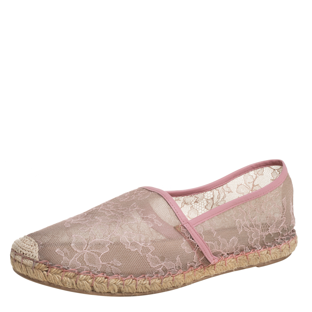 luxury-women-valentino-used-shoes-p401624-006 Valentino Beige/Pink Leather And Lace Espadrilles Flats Size 40