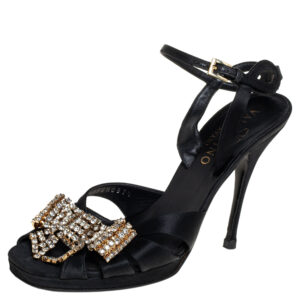Valentino Black Satin Bow Crystal Embellished Ankle strap Sandals Size 37