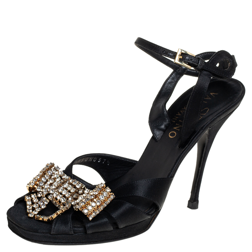 luxury-women-valentino-used-shoes-p434044-006 Valentino Black Satin Bow Crystal Embellished Ankle strap Sandals Size 37