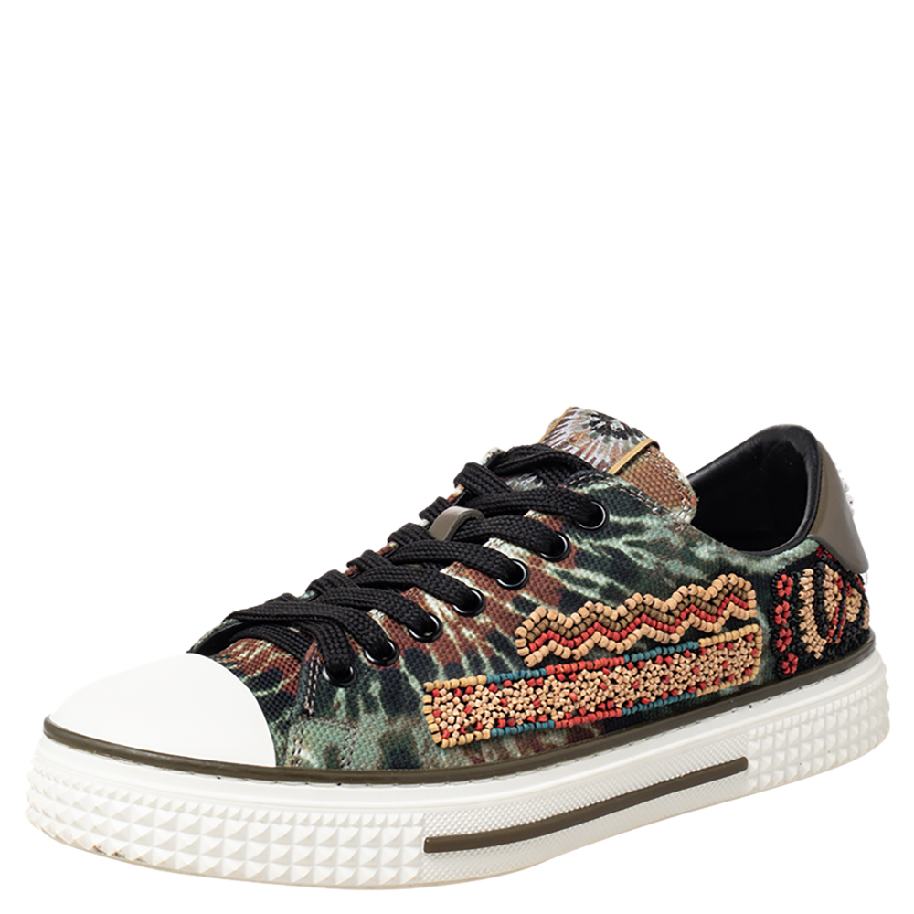 luxury-women-valentino-used-shoes-p467016-002 Valentino Multicolor Canvas And Rubber Cap Toe Embellished Low Top Sneakers Size 38