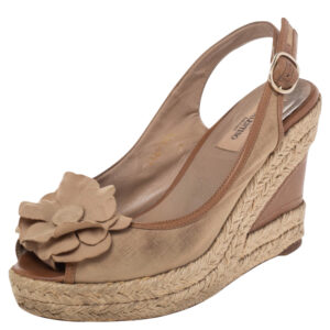Valentino Beige Fabric And Leather Flower Platform Espadrille Wedge Slingback Sandals Size 37.5