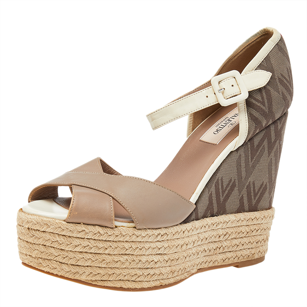 luxury-women-valentino-used-shoes-p492265-006 Valentino Beige/Brown Leather And Fabric Wedge Platform Espadrille Sandals Size 39.5