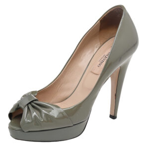 Valentino Olive Green Patent Leather Platform Peep Toe Pumps Size 35