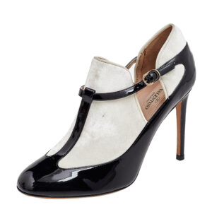 Valentino Black/White Patent Leather And Velvet T Strap Pumps Size 36