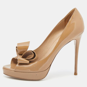 Valentino Beige Patent Leather Bow Peep Toe Platform Pumps Size 39