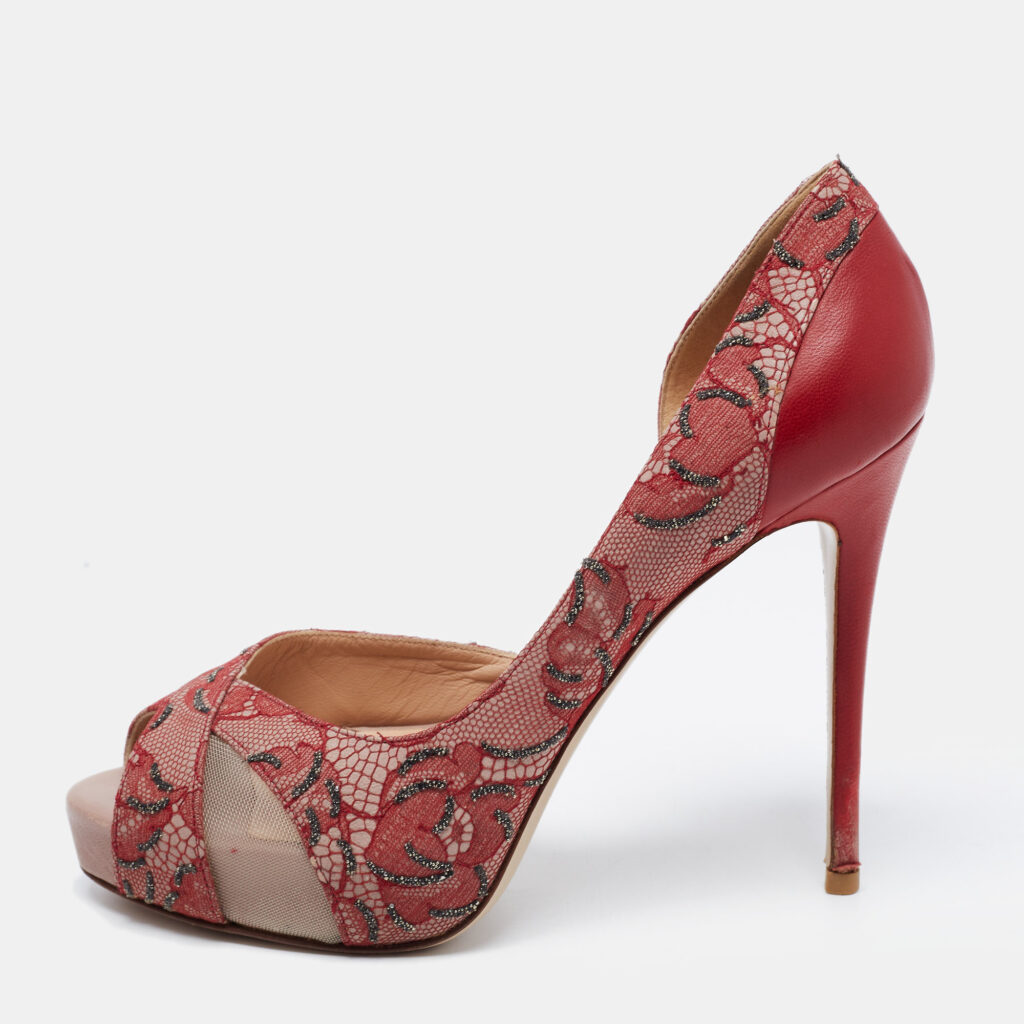 Valentino Two Tone Lace, Mesh and Leather Peep Toe D'orsay Pumps Size 36.5