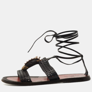 Valentino Black Perforated Leather Ankle Tie Sandals Size 38