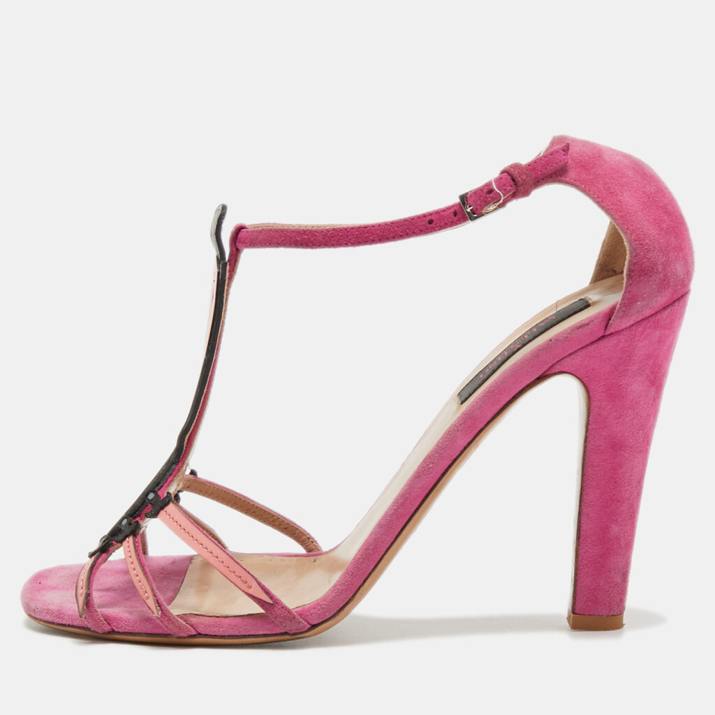 luxury-women-valentino-used-shoes-p751550-001 Valentino Pink Suede and Patent Leather Love Blade T-Strap Sandals Size 38