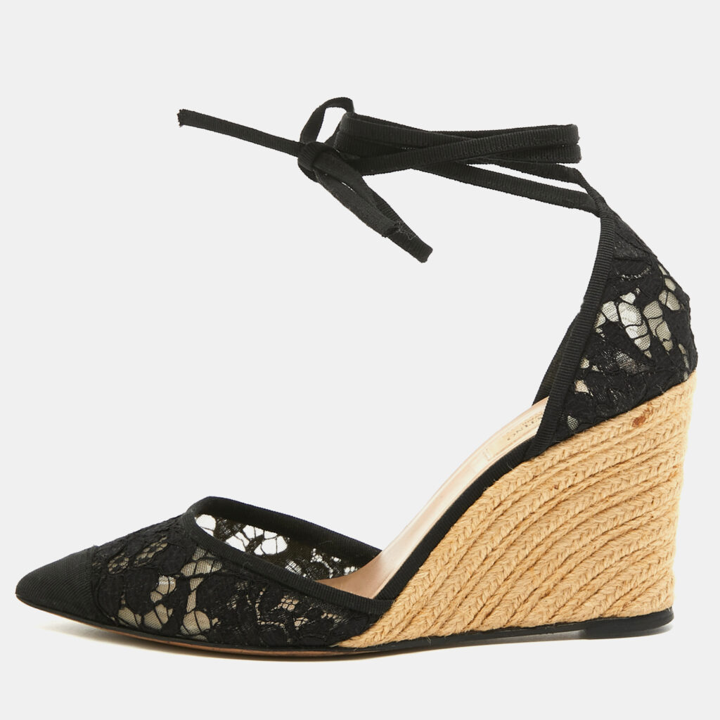 luxury-women-valentino-used-shoes-p917957-001 Valentino Black Lace Esparille Wedge Ankle Tie Pumps Size 39