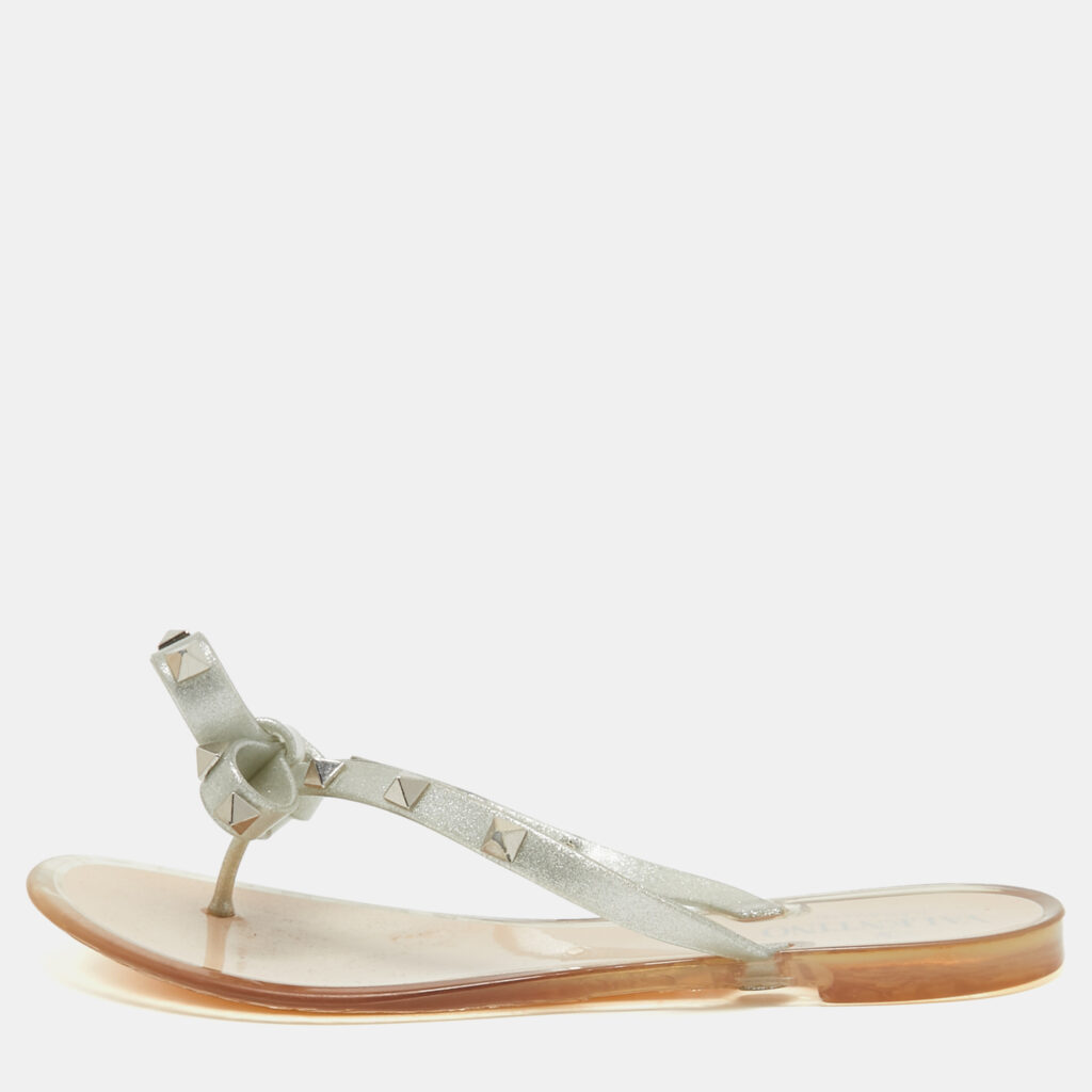 luxury-women-valentino-used-shoes-p921015-001 Valentino Silver Glitter Rubber Bow Rockstud Thong Flats Size 36