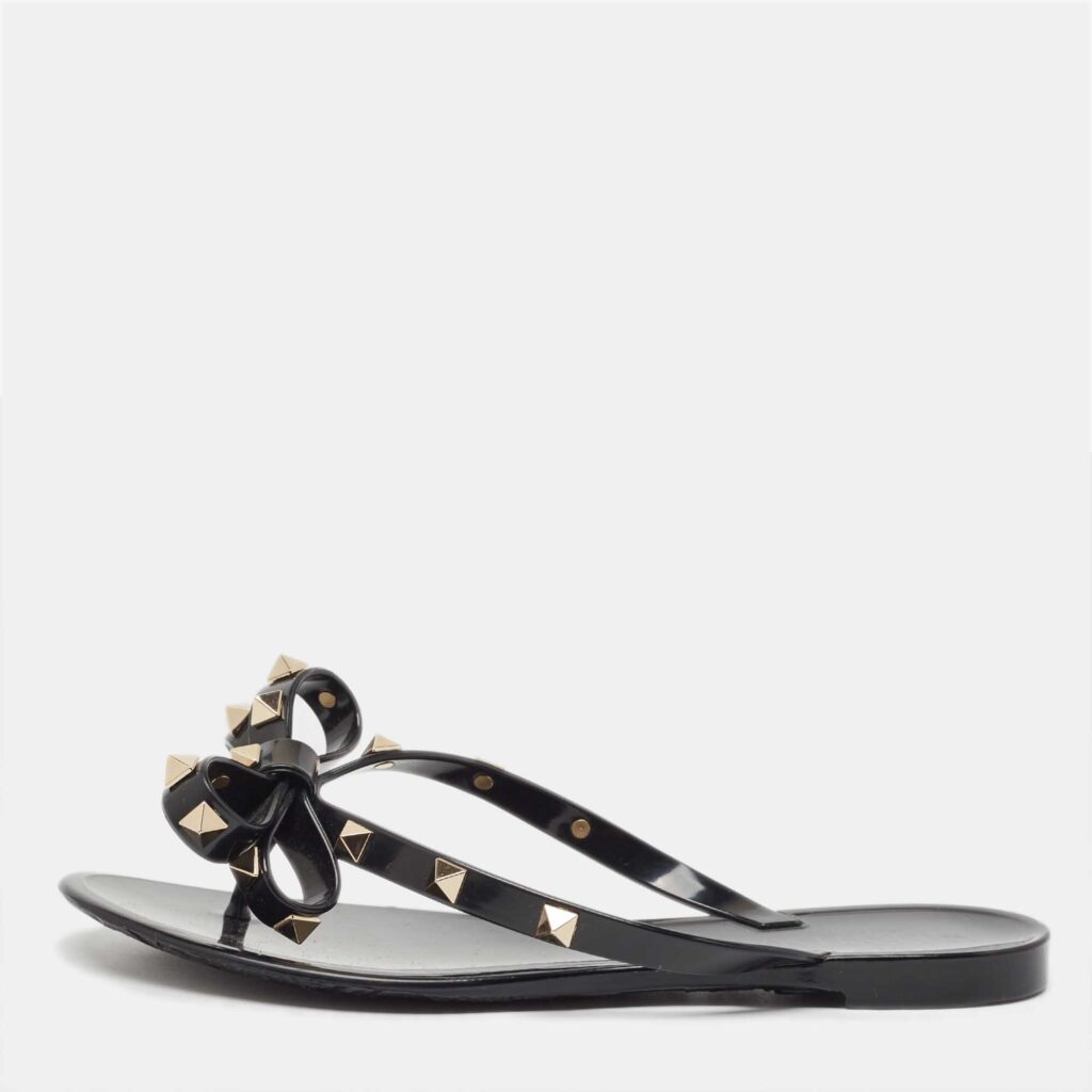 luxury-women-valentino-used-shoes-p921018-003 Valentino Black Rubber Bow Rockstud Thong Flats Size 35