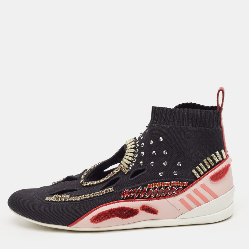 luxury-women-valentino-used-shoes-p928341-003 Valentino Black/Pink Knit Fabric High Top Sneakers Size 36