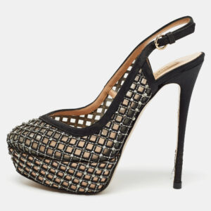 Valentino Black Satin and Leather  Crystal Embellished Pumps Size 37.5
