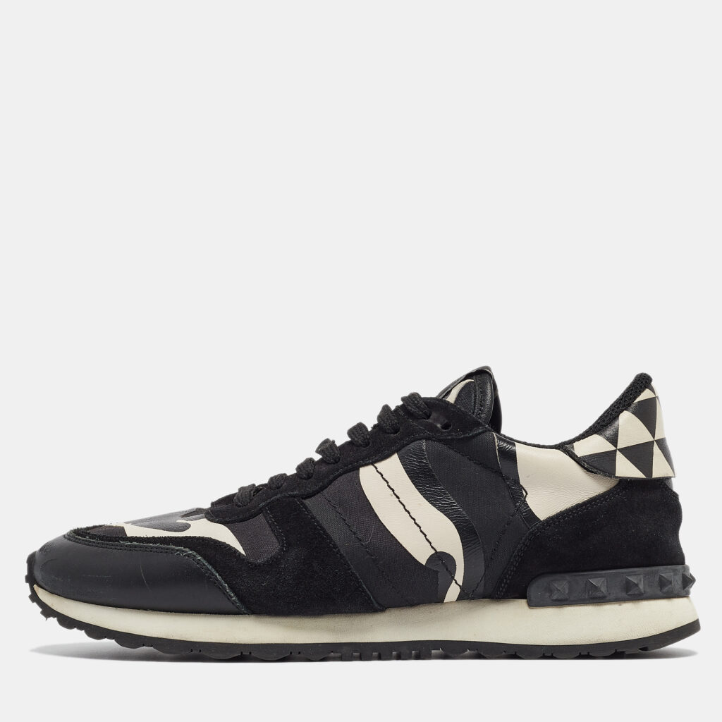 luxury-women-valentino-used-shoes-p970365-001 Valentino Black/White Camo Print Leather and Canvas Rockrunner Sneakers Size 39.5
