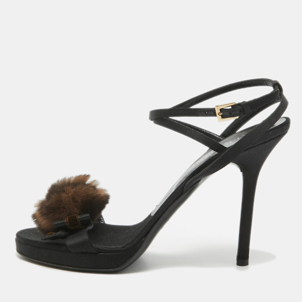 luxury-women-valentino-used-shoes-p999966-001 Valentino Black Satin Fur Bow Ankle Strap Sandals Size 38